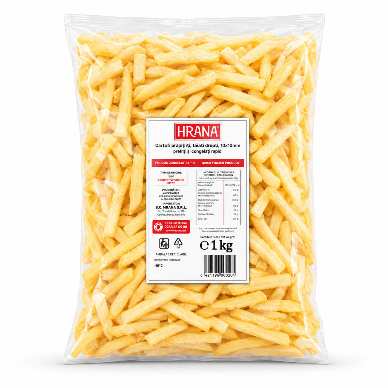 Cartofi preprăjiți, tăiați drept 10x10mm, 1kg / Straight-cut fries, 10x10mm, 1kg